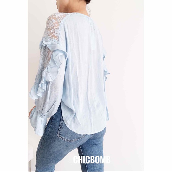 Boho Ruffles Long Sleeve Blouse in Light Blue - Effortlessly Chic and Versatile - Picture 5 of 8